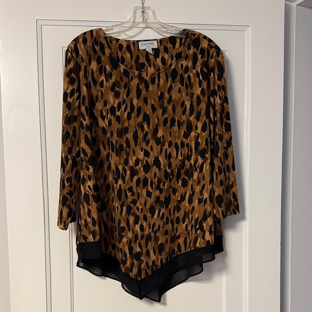 PLUS 1X Carmen Leopard Print Blouse Sheer Layered Chiffon EUC